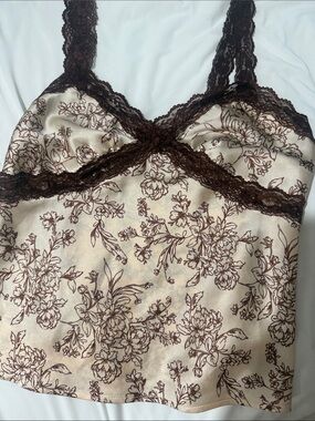 Silk-Feel Lace Trim Floral Cami in Cream and Brown
